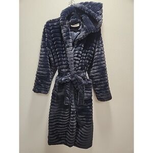 Women's Minky Couture Hooded Robe Navy Size Small Plush Quiet Luxury